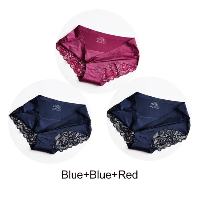 3 Pack Hollow Out Women's Panties Ice Silk Underwear Seamless Solid Sports Briefs Low Waist Underpants Lingerie Set