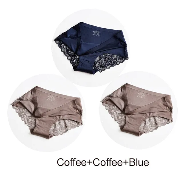 3 Pack Hollow Out Women's Panties Ice Silk Underwear Seamless Solid Sports Briefs Low Waist Underpants Lingerie Set