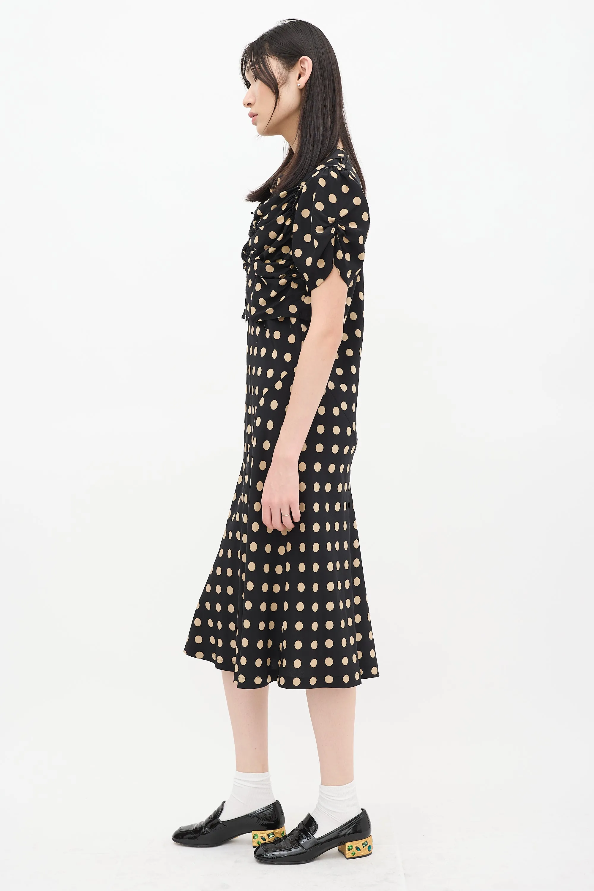 Black & Beige Silk Polka Dot Ruched Bias Dress