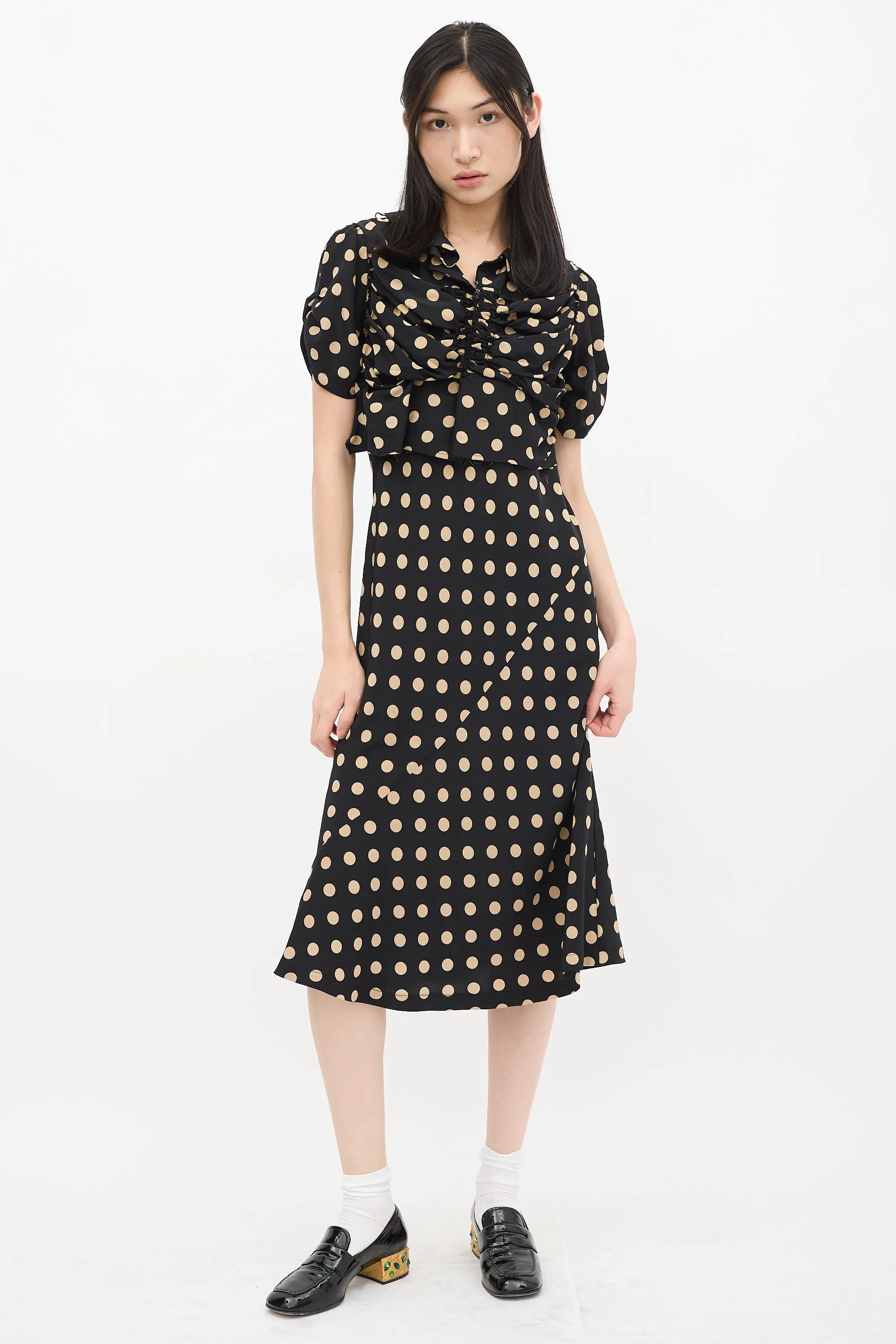 Black & Beige Silk Polka Dot Ruched Bias Dress