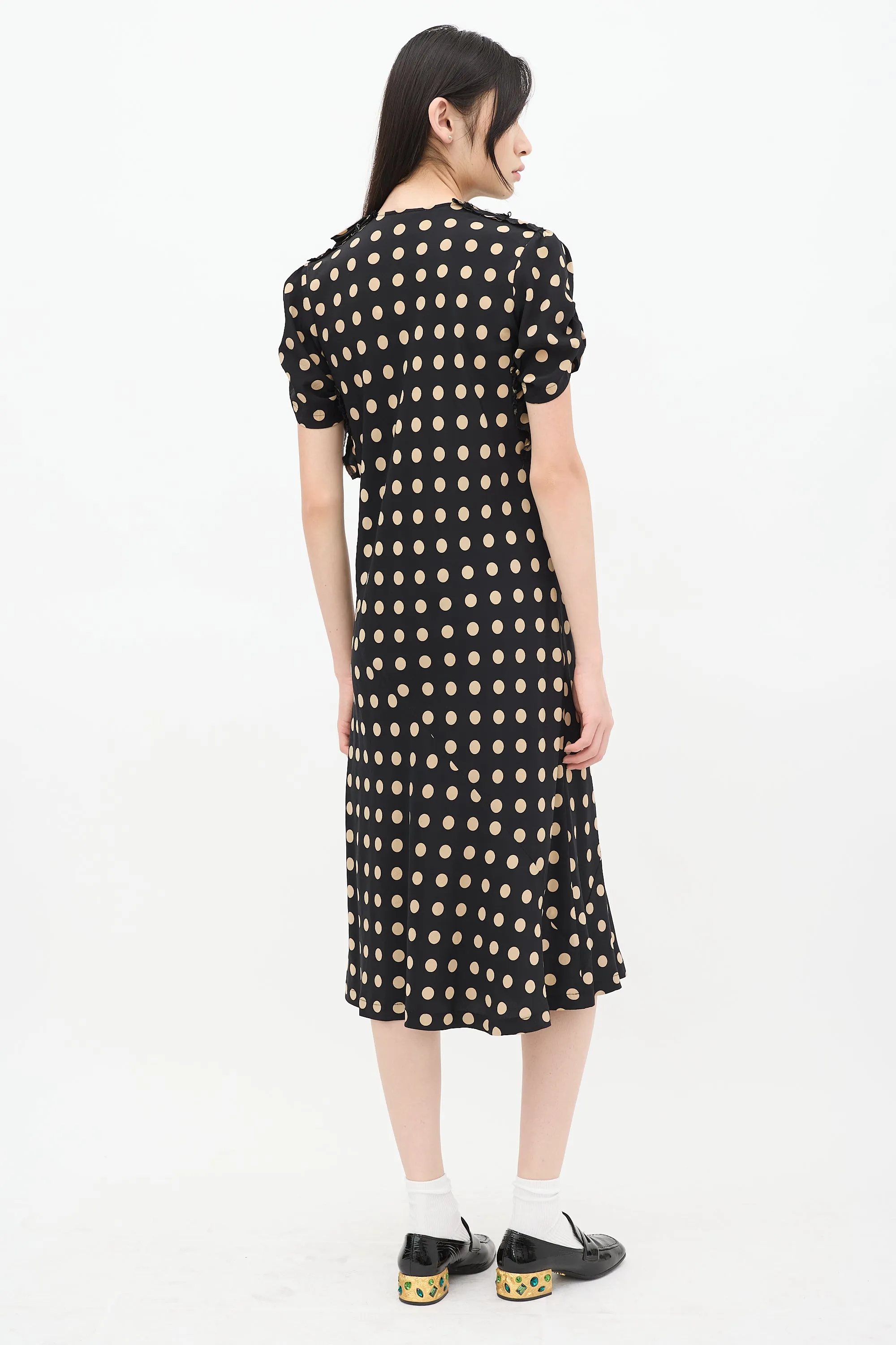 Black & Beige Silk Polka Dot Ruched Bias Dress