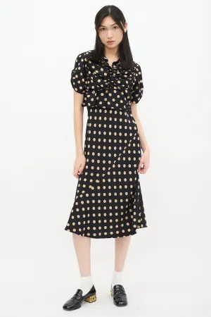 Black & Beige Silk Polka Dot Ruched Bias Dress
