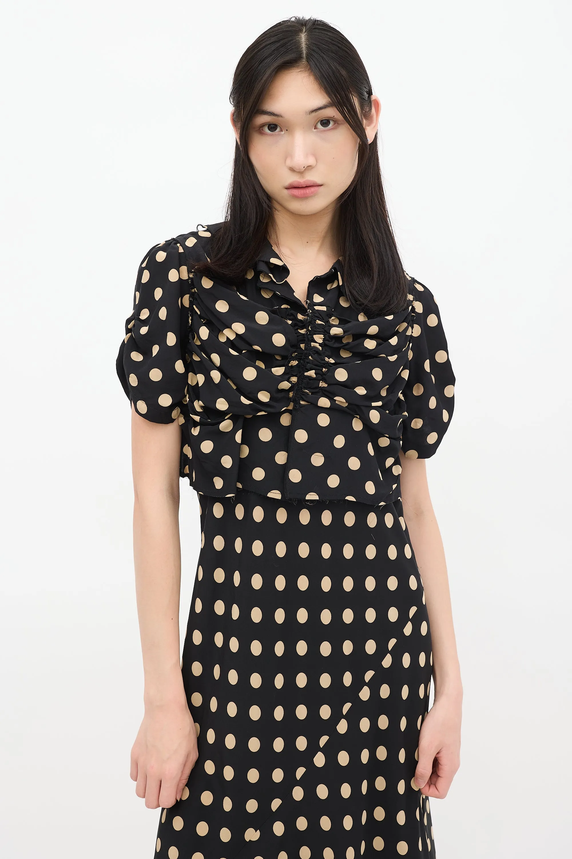Black & Beige Silk Polka Dot Ruched Bias Dress
