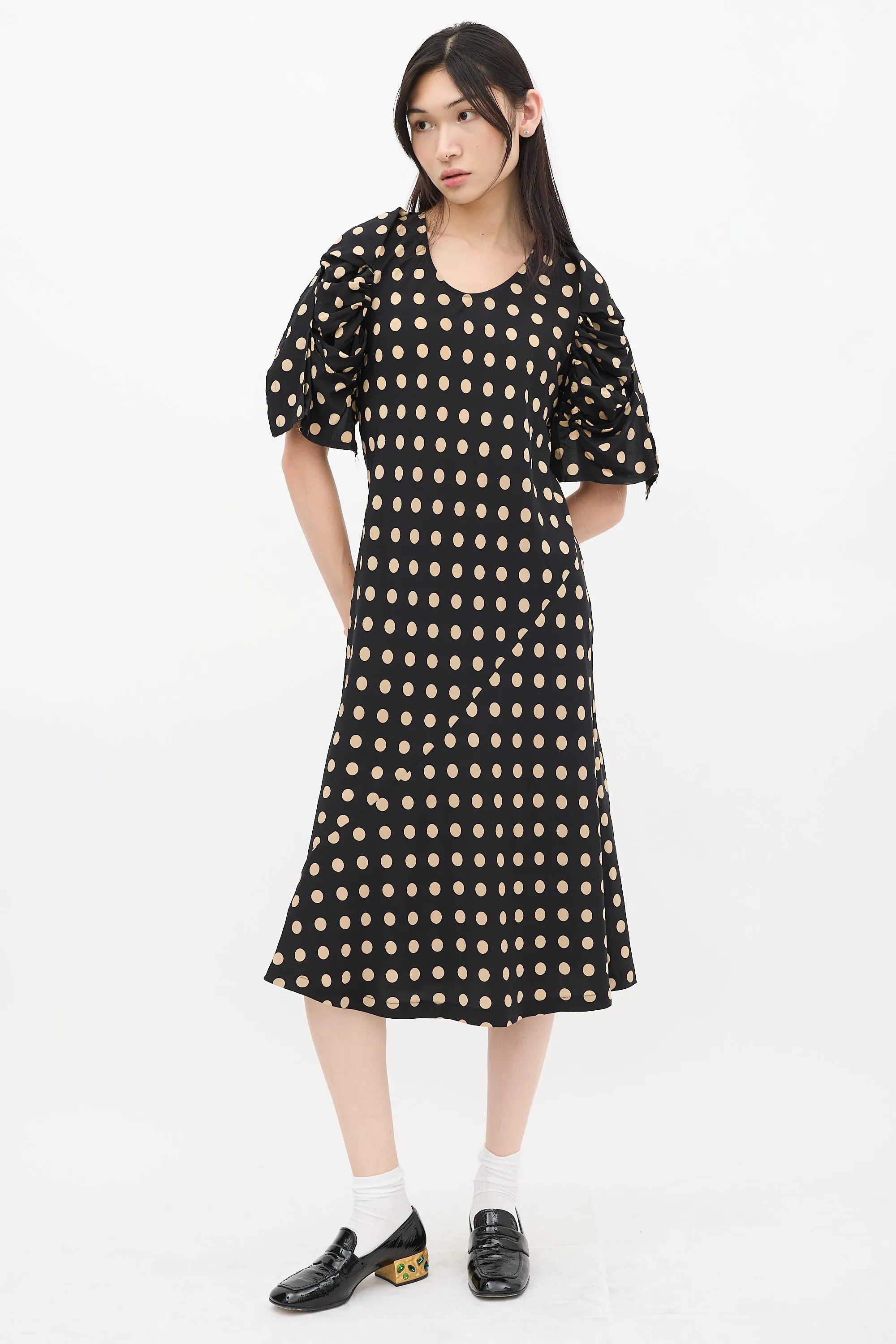 Black & Beige Silk Polka Dot Ruched Bias Dress