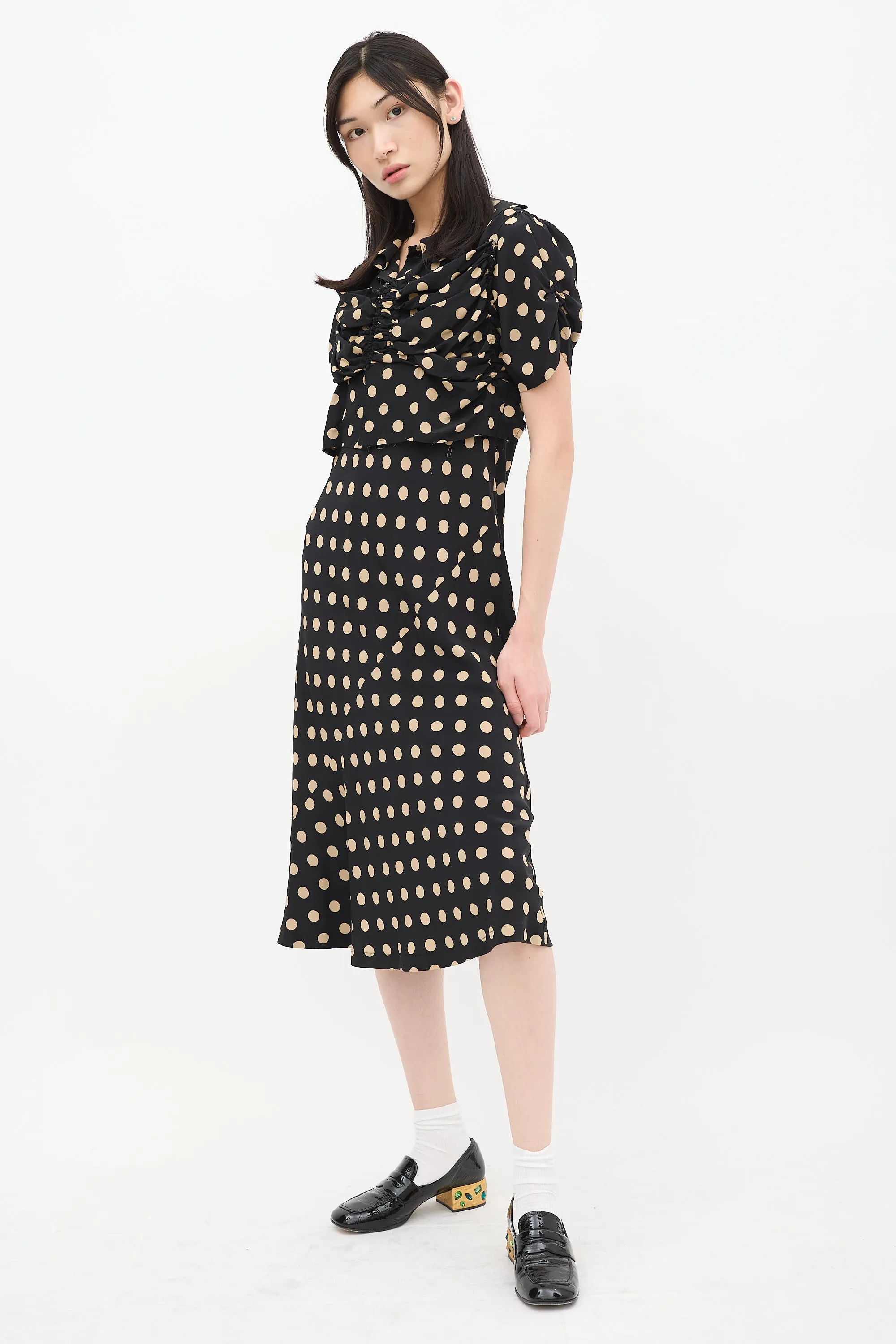 Black & Beige Silk Polka Dot Ruched Bias Dress