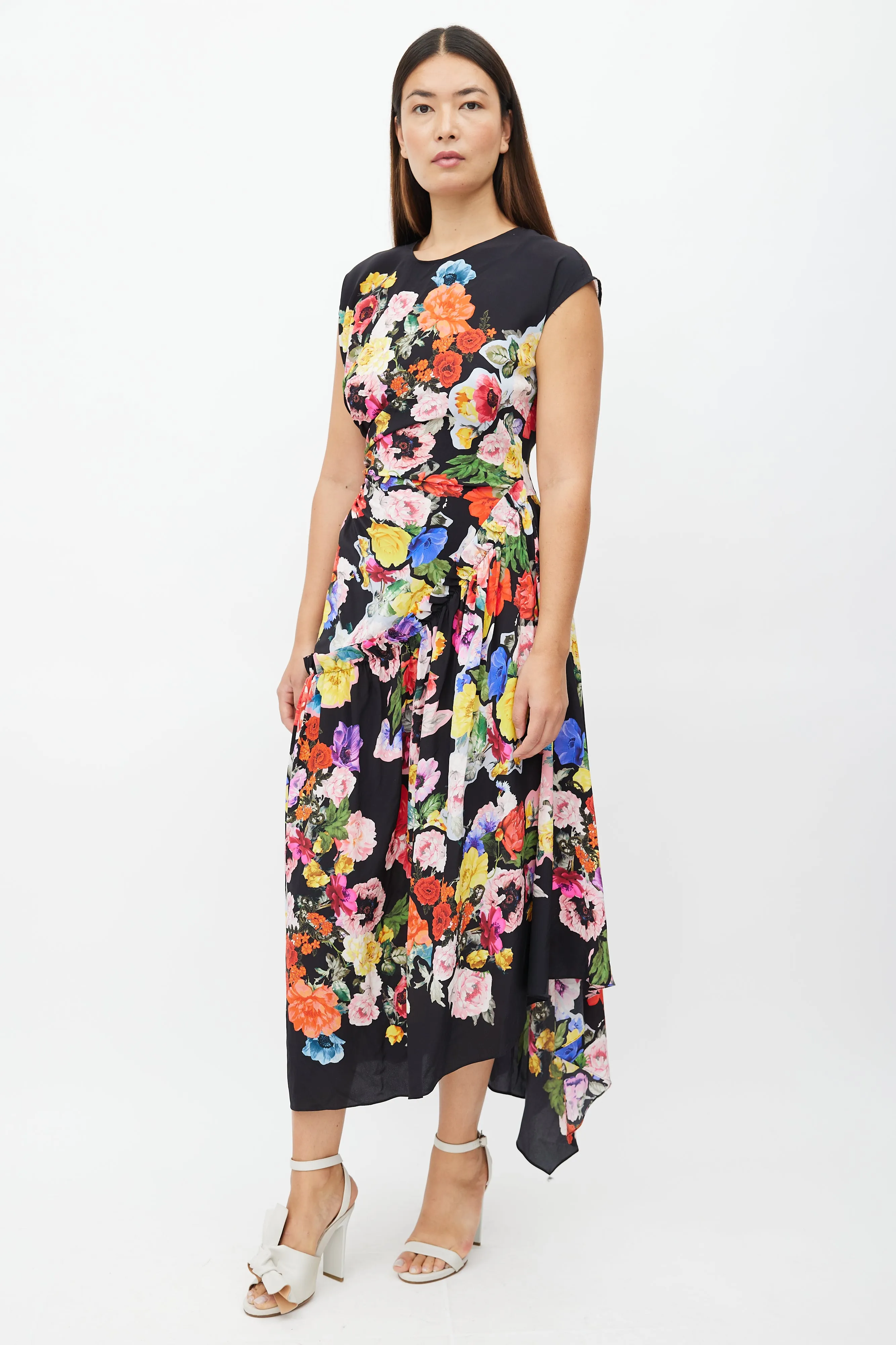 Black & Multi Floral Ruched Dress