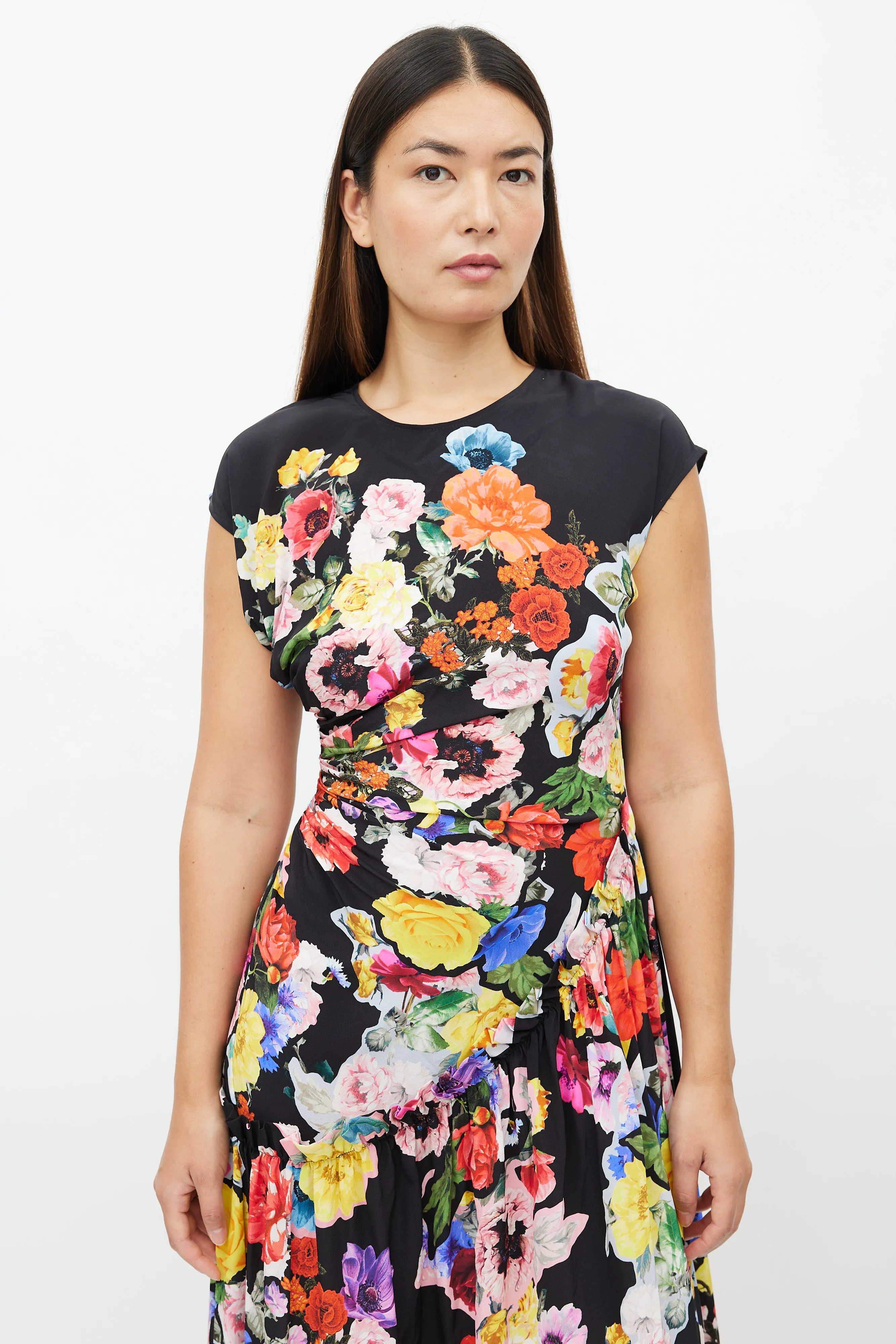 Black & Multi Floral Ruched Dress