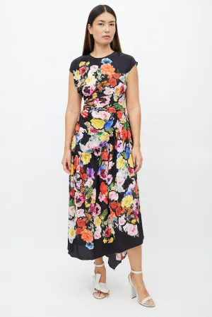 Black & Multi Floral Ruched Dress