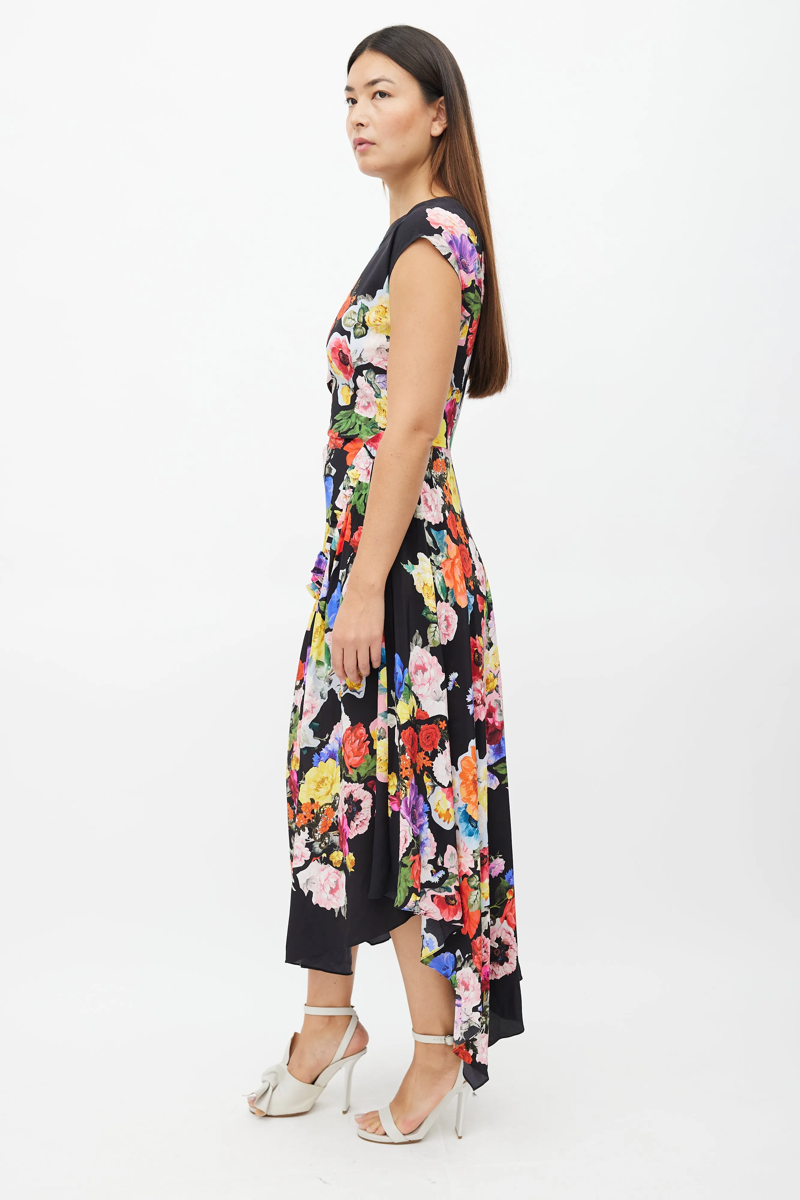 Black & Multi Floral Ruched Dress