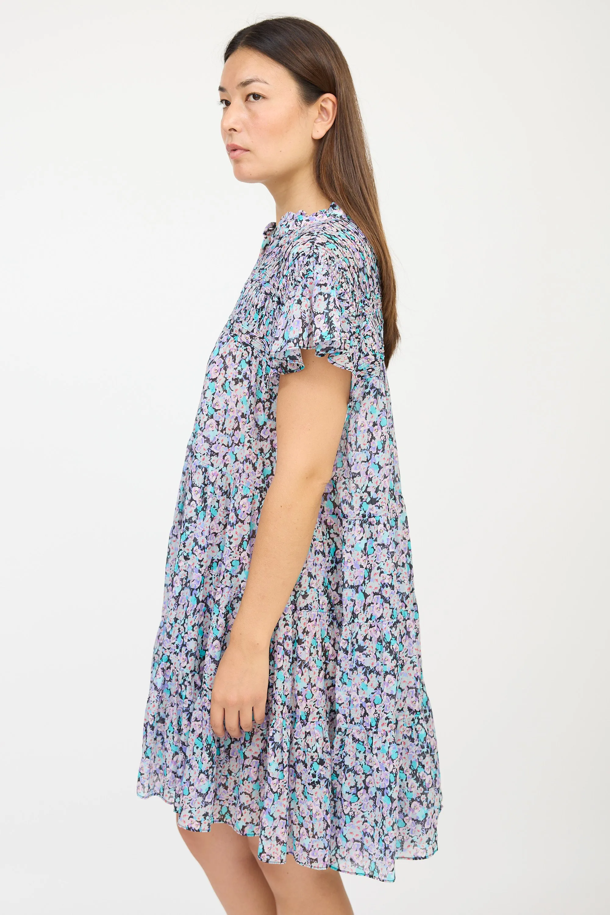 Black & Purple Floral Pleated Dress
