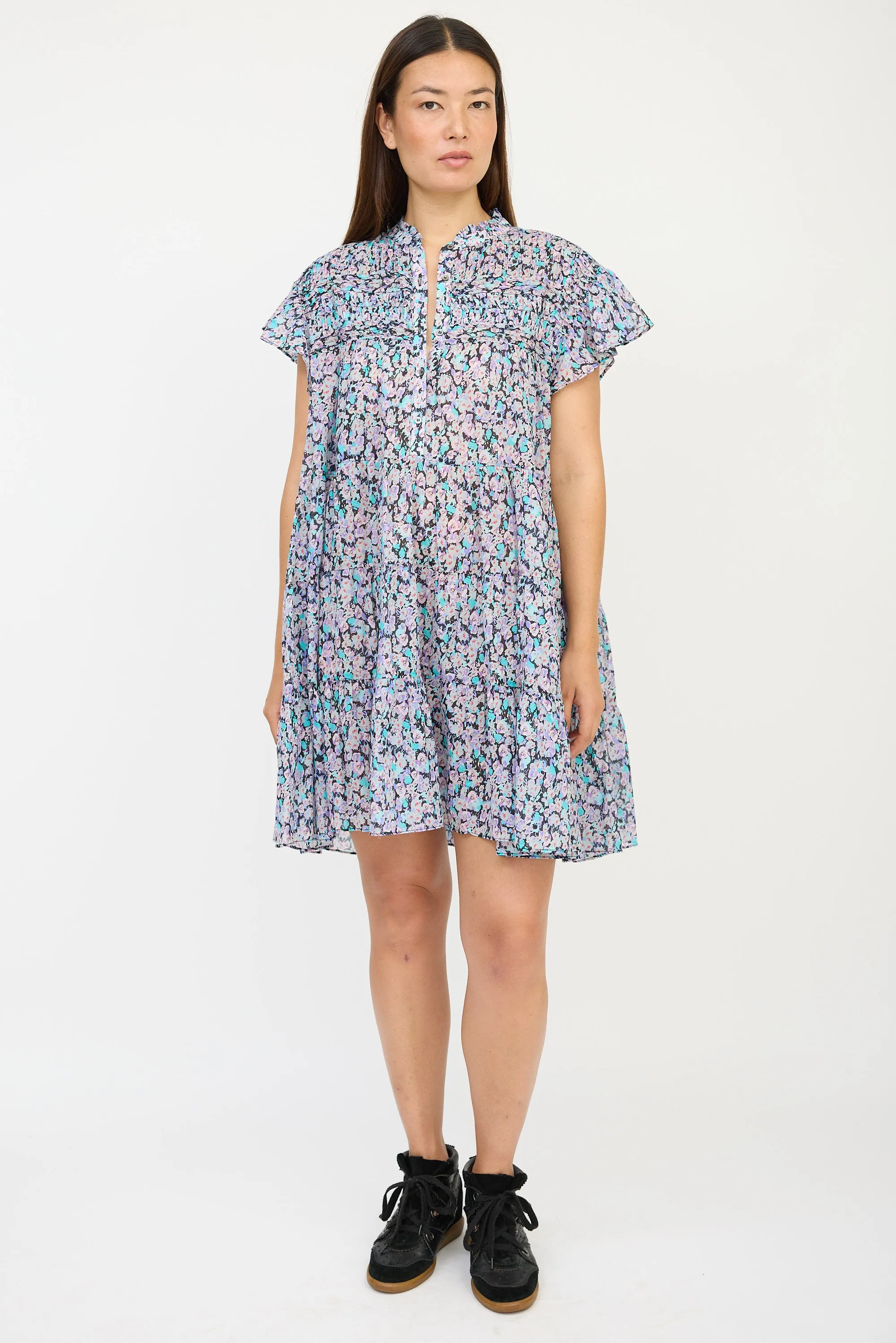 Black & Purple Floral Pleated Dress