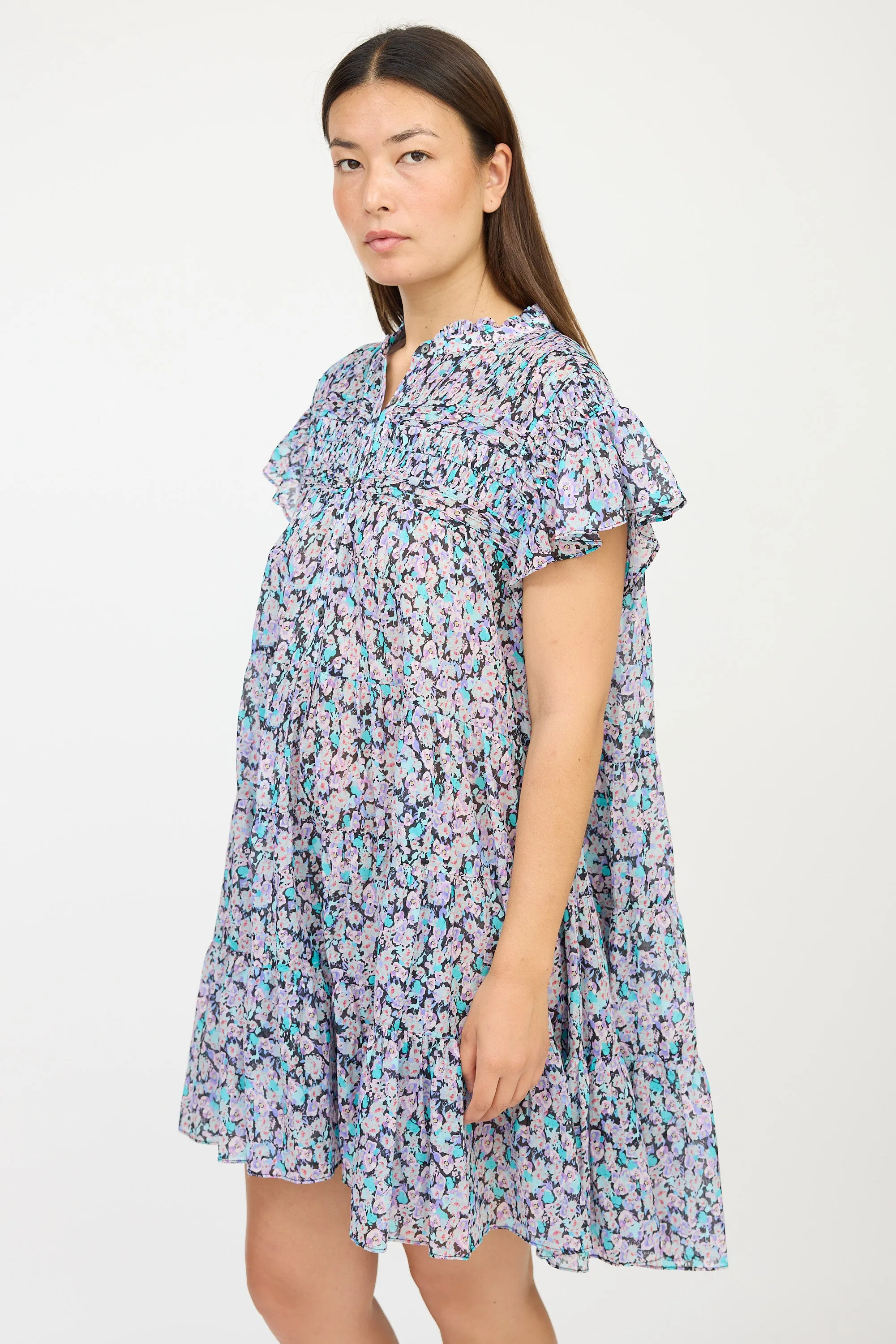 Black & Purple Floral Pleated Dress
