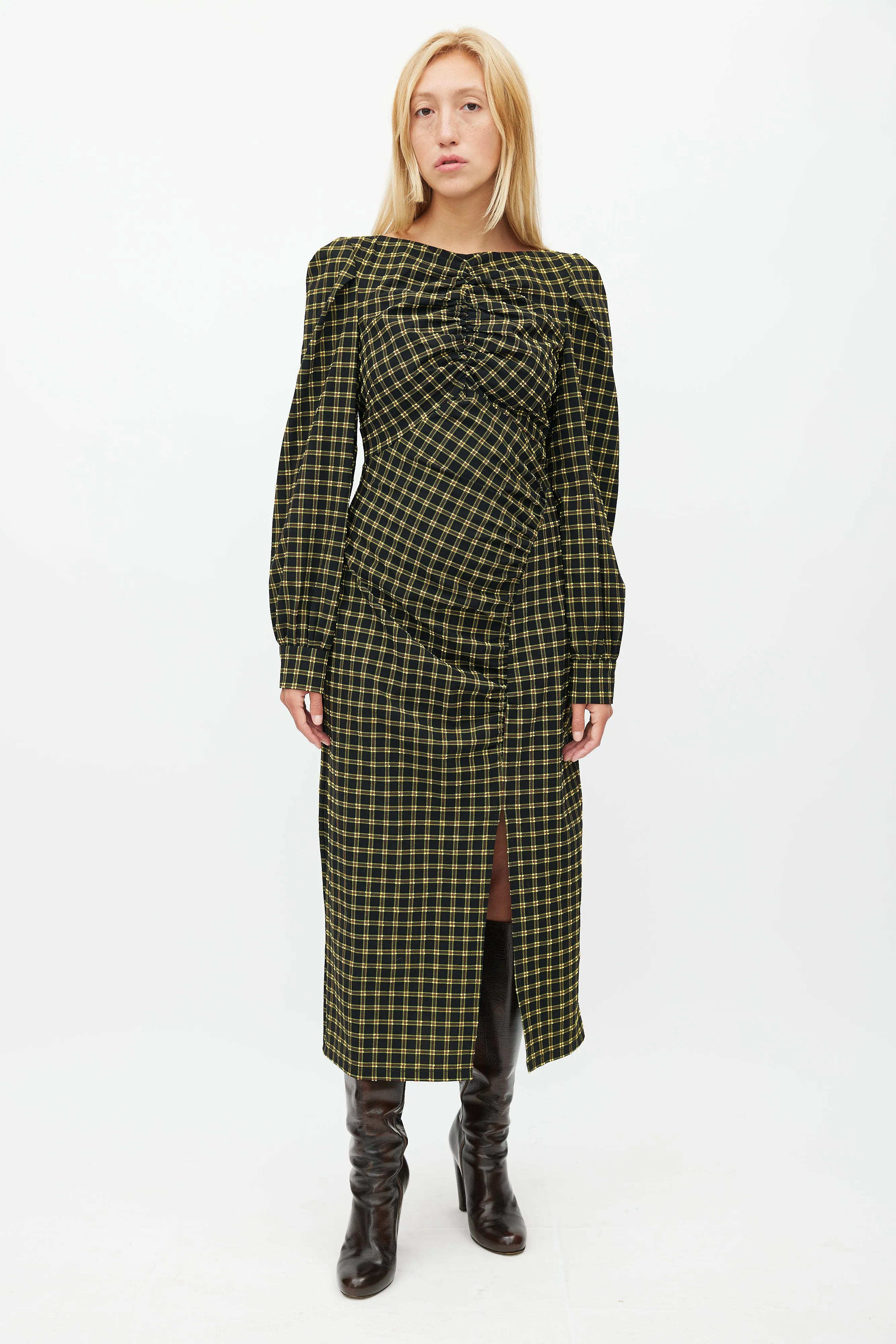 Black & Yellow Plaid Ruched Dress