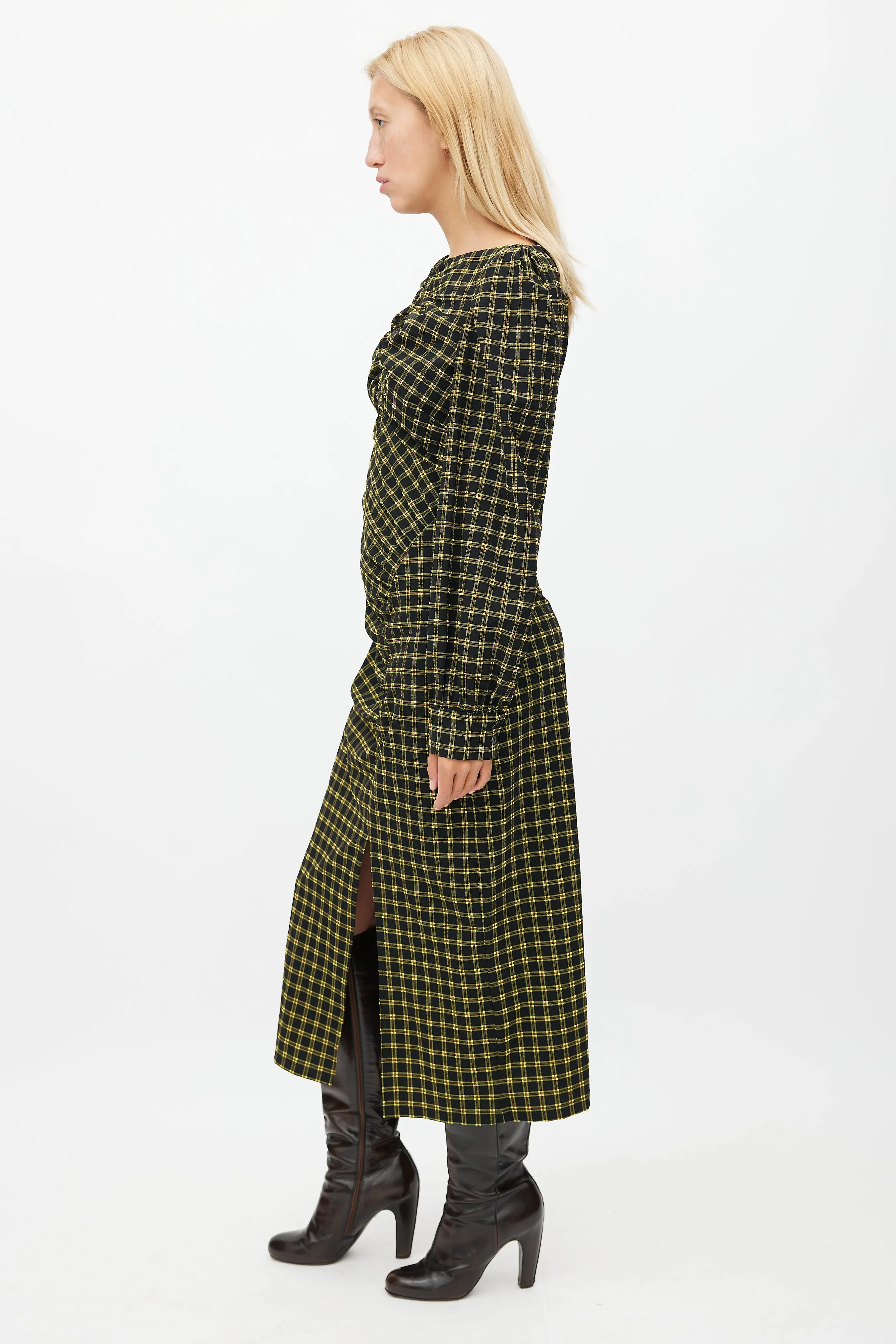 Black & Yellow Plaid Ruched Dress