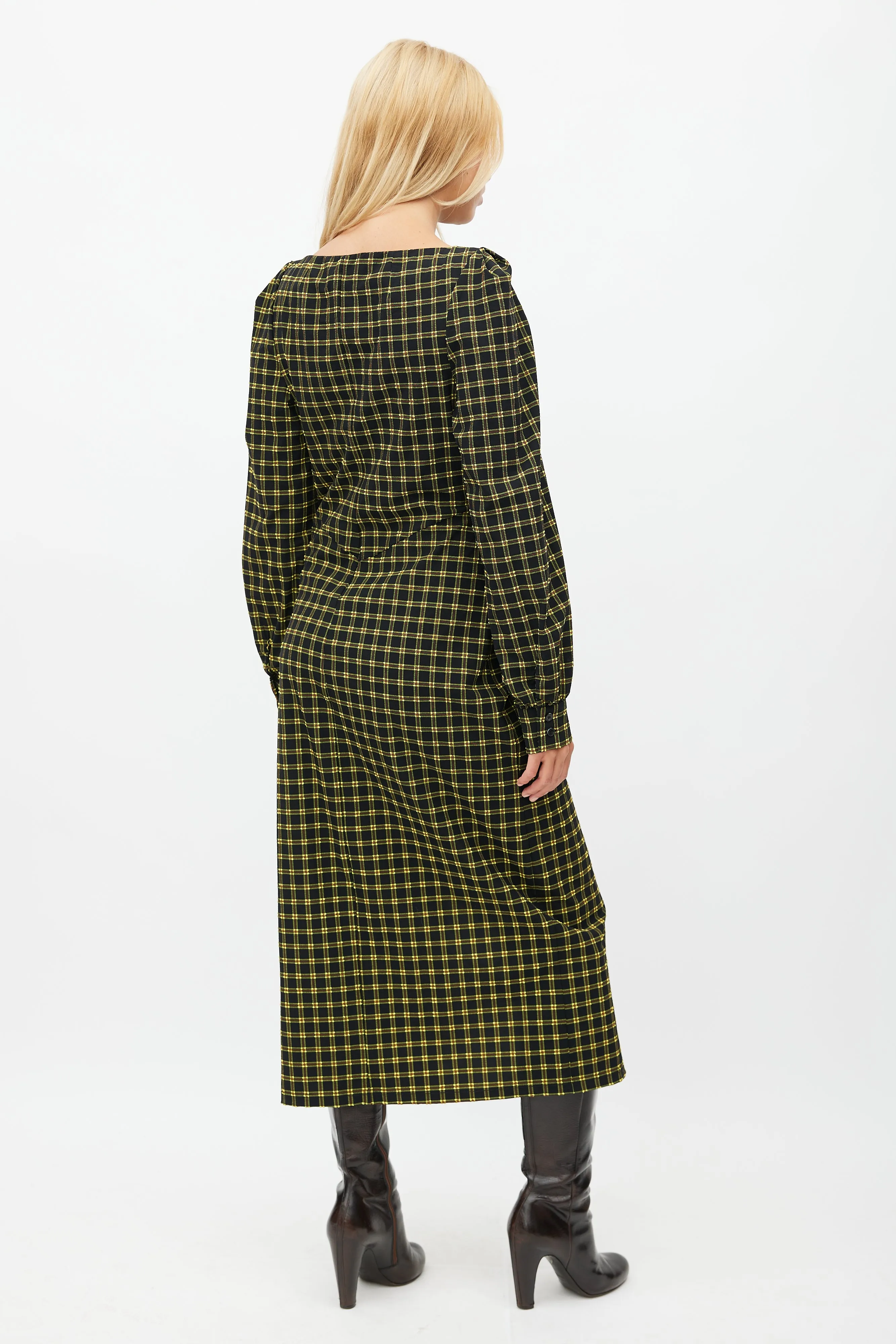 Black & Yellow Plaid Ruched Dress