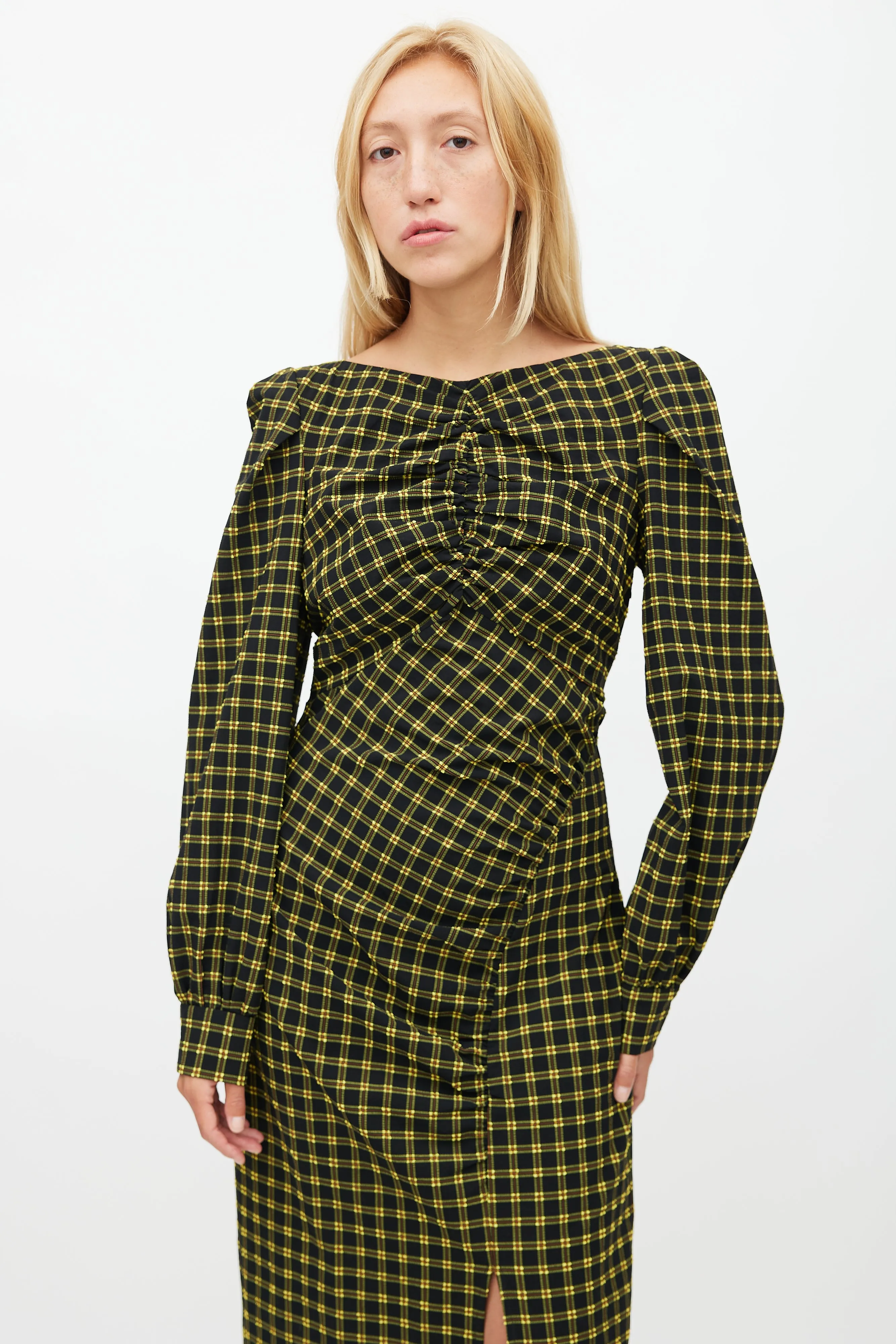 Black & Yellow Plaid Ruched Dress