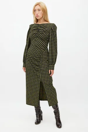 Black & Yellow Plaid Ruched Dress