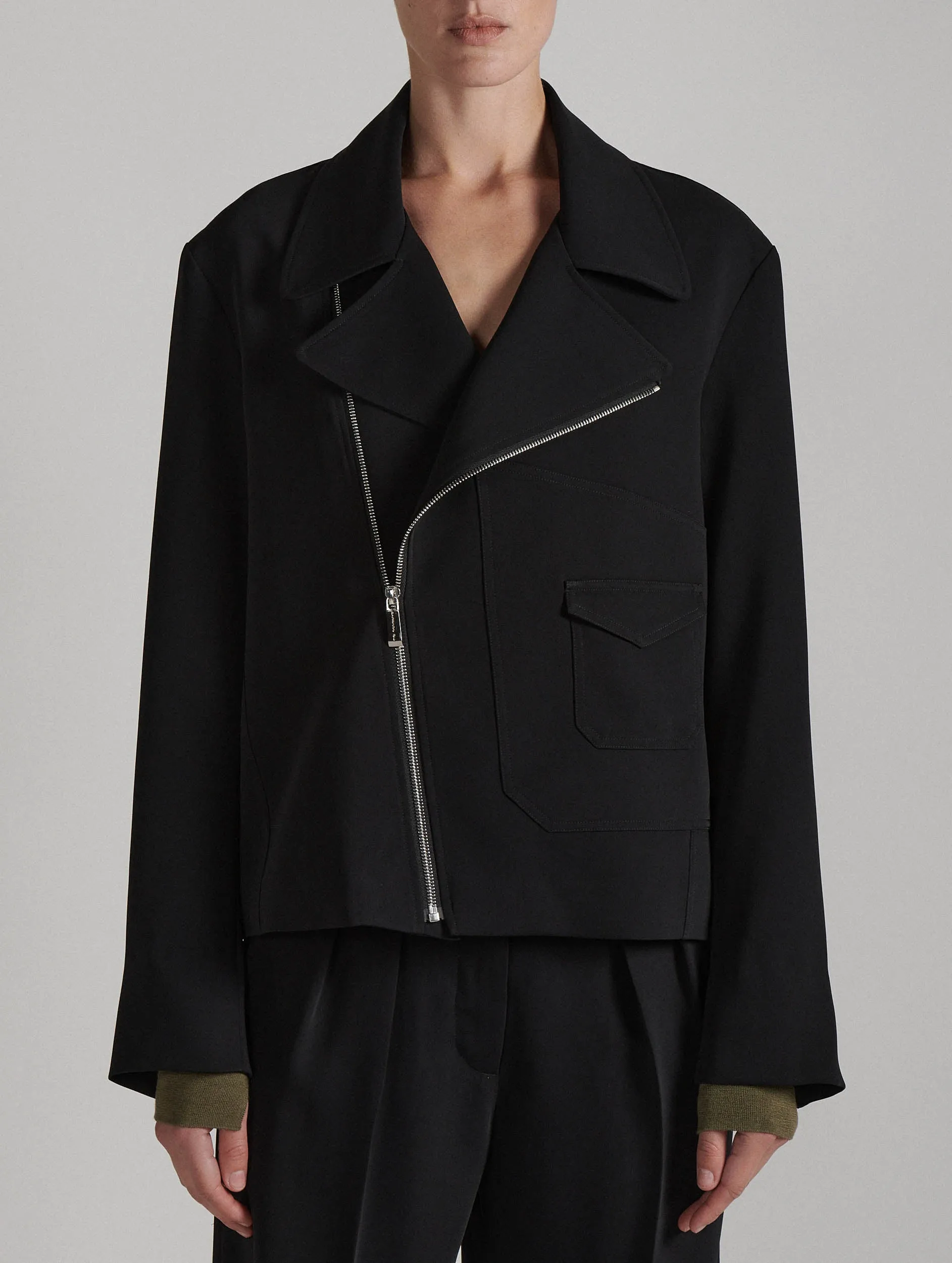 Black fluid crepe biker jacket