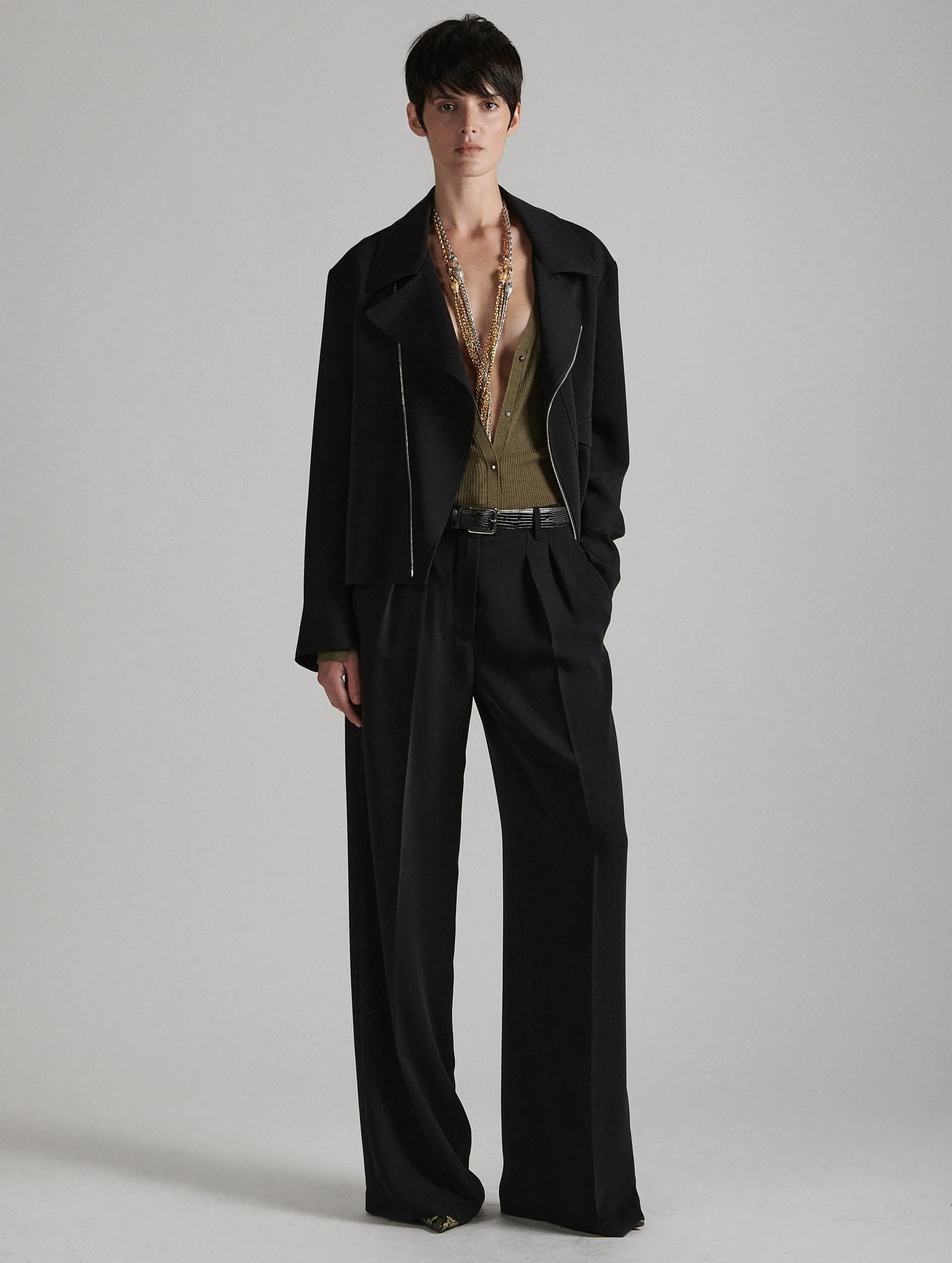 Black fluid crepe biker jacket