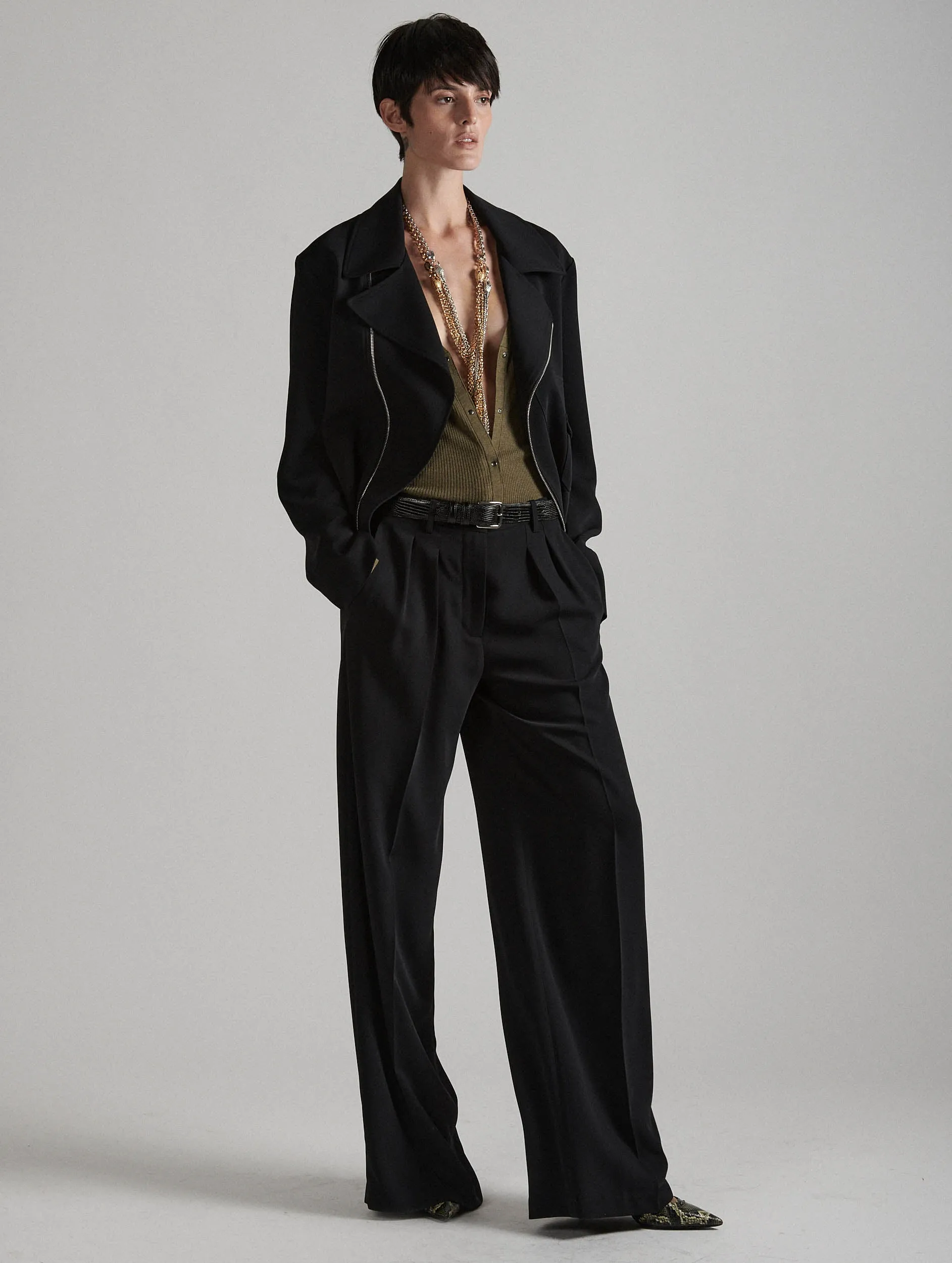 Black fluid crepe biker jacket