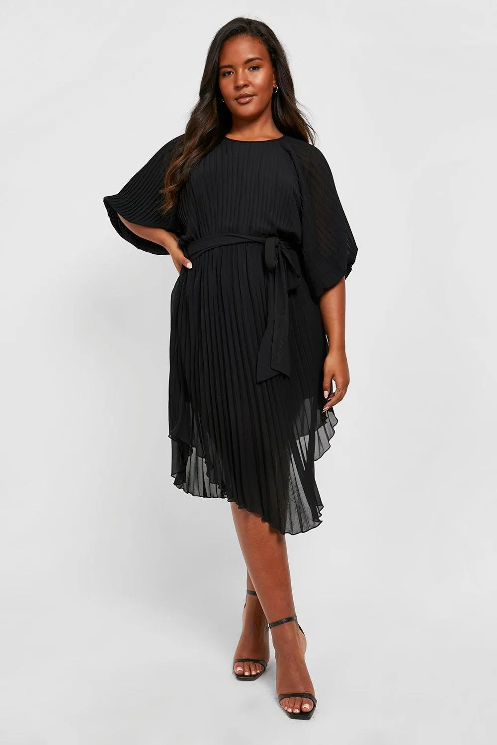 Boohoo Pleated Sleeve Midi Dress, Black
