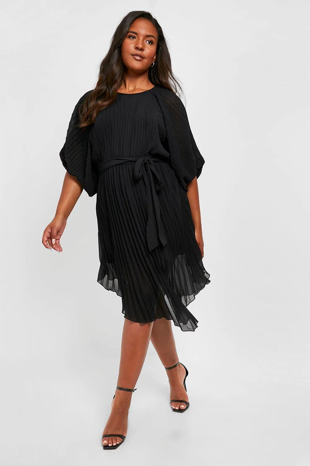 Boohoo Pleated Sleeve Midi Dress, Black