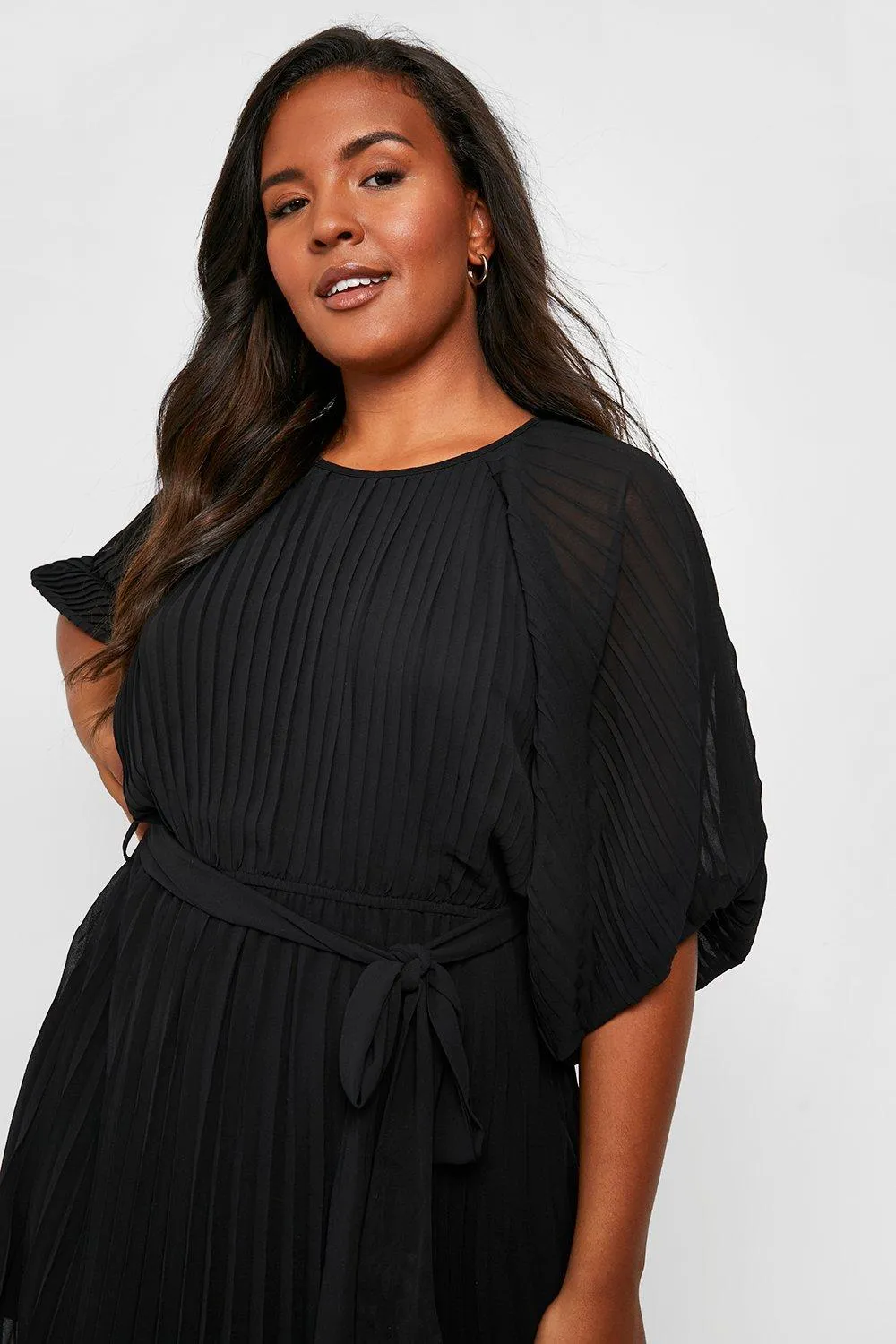 Boohoo Pleated Sleeve Midi Dress, Black