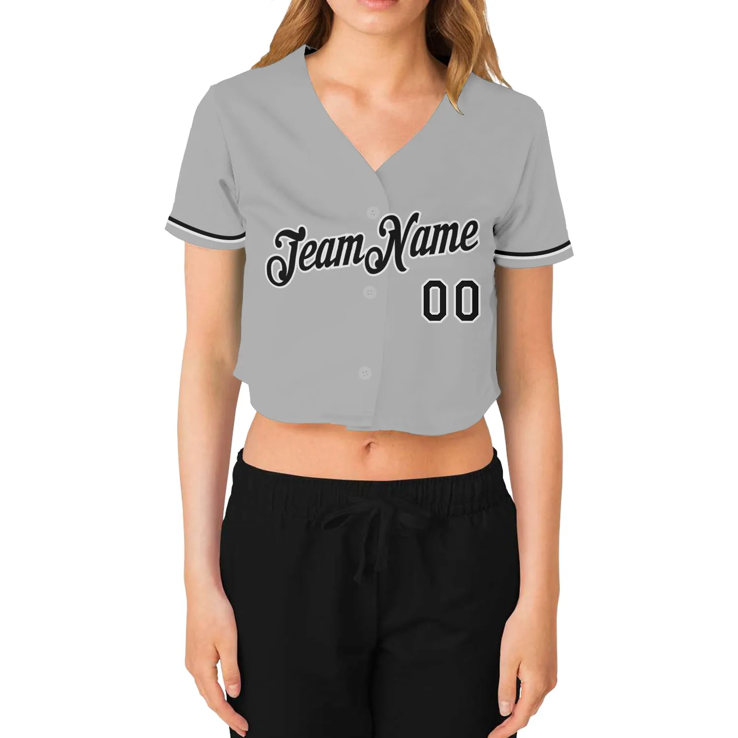 Custom Women's Gray Black-White V-Neck Cropped Baseball Jersey