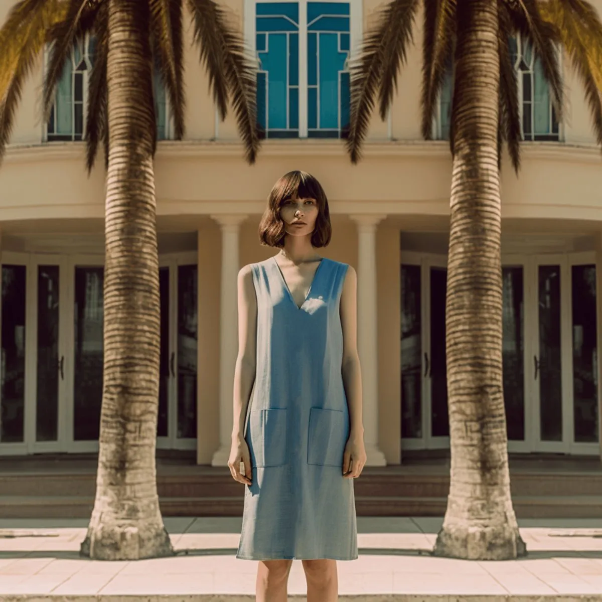 Ladies Linen Mix Shift Dress - Blue