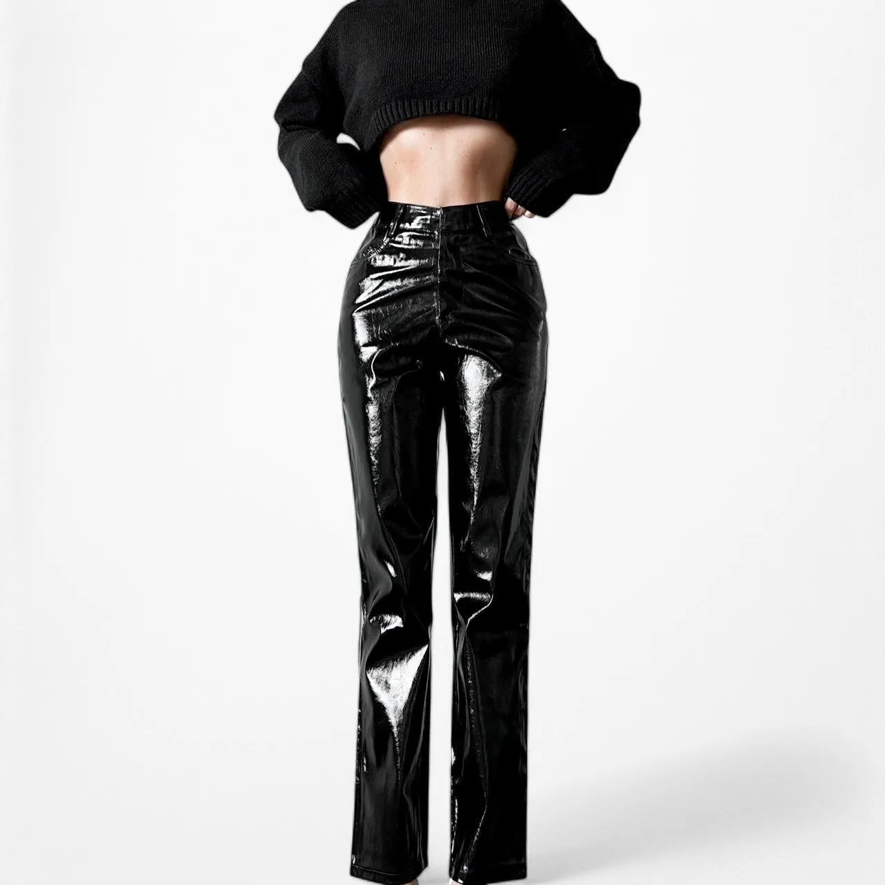 Lioness Black Patent Faux Leather High Waisted Cropped Tapered Leg Size XS/S