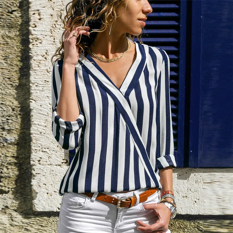 Long-sleeved striped V-neck shirt