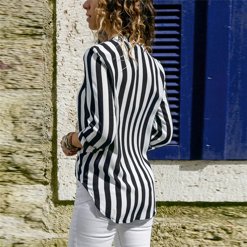 Long-sleeved striped V-neck shirt