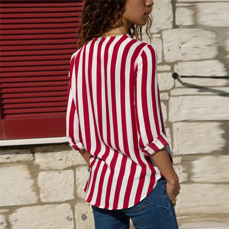 Long-sleeved striped V-neck shirt