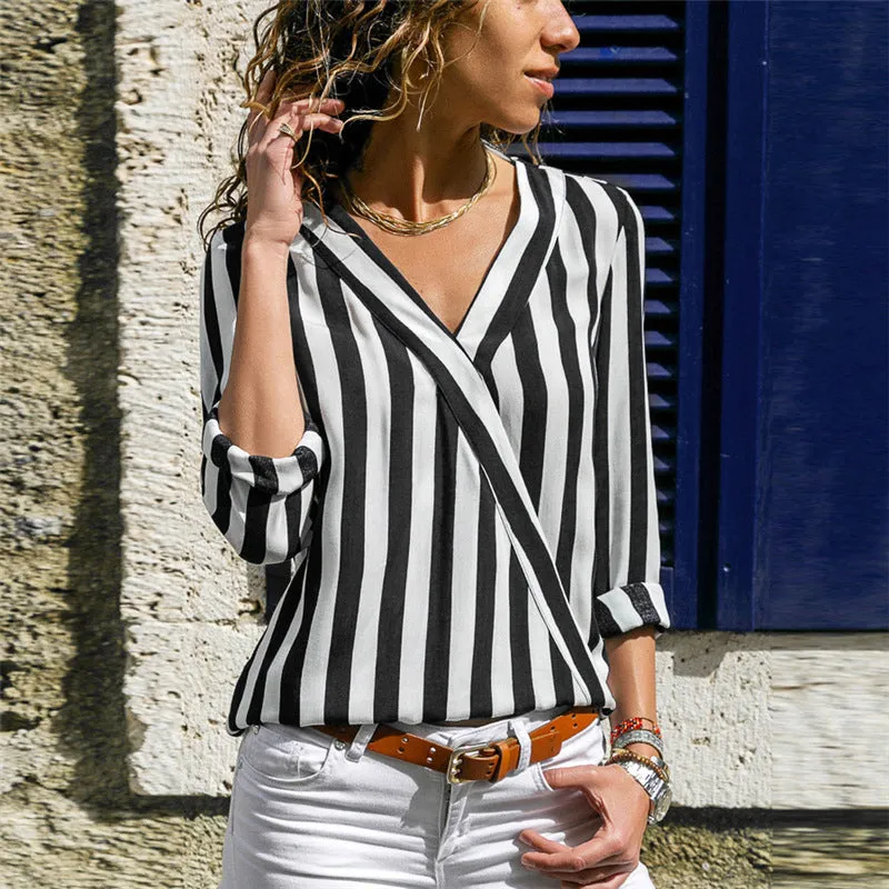 Long-sleeved striped V-neck shirt