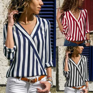 Long-sleeved striped V-neck shirt