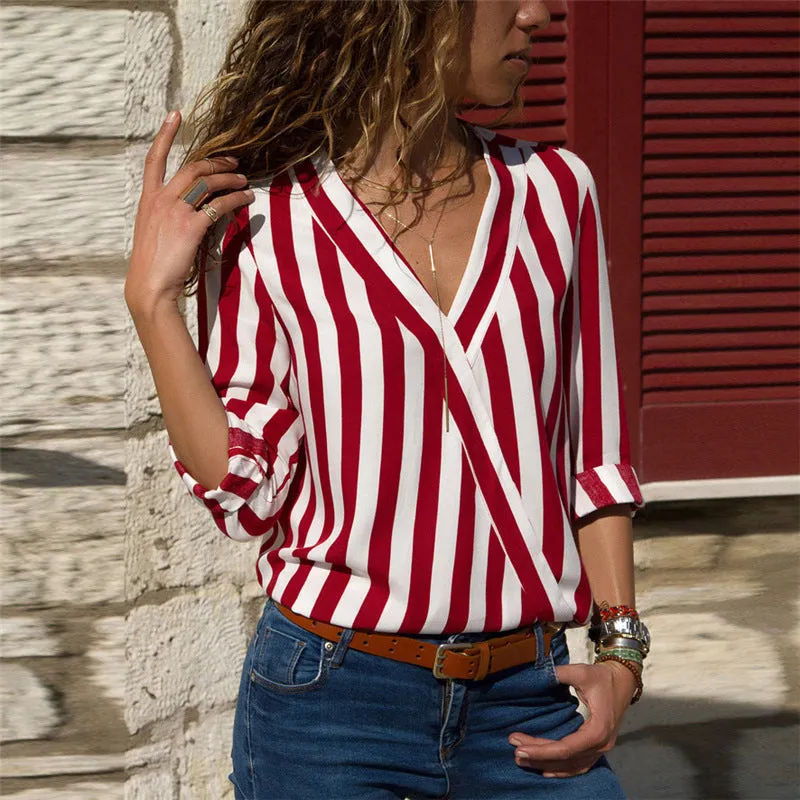 Long-sleeved striped V-neck shirt