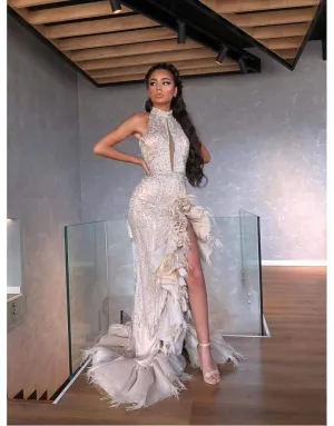 Luxury Evening Gown Silver Ruffled