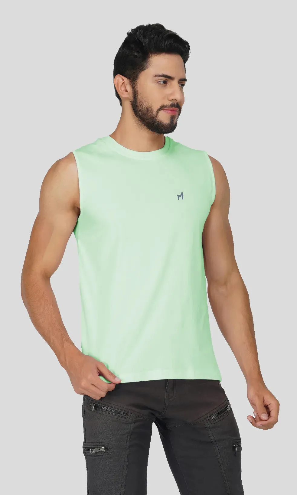 Mebadass Cotton Men's Sleeveless Regular Size Vests - Pista Green