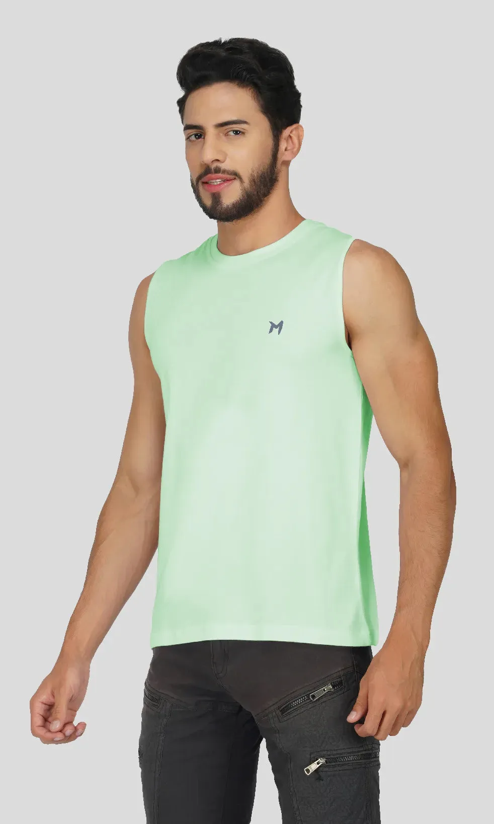 Mebadass Cotton Men's Sleeveless Regular Size Vests - Pista Green