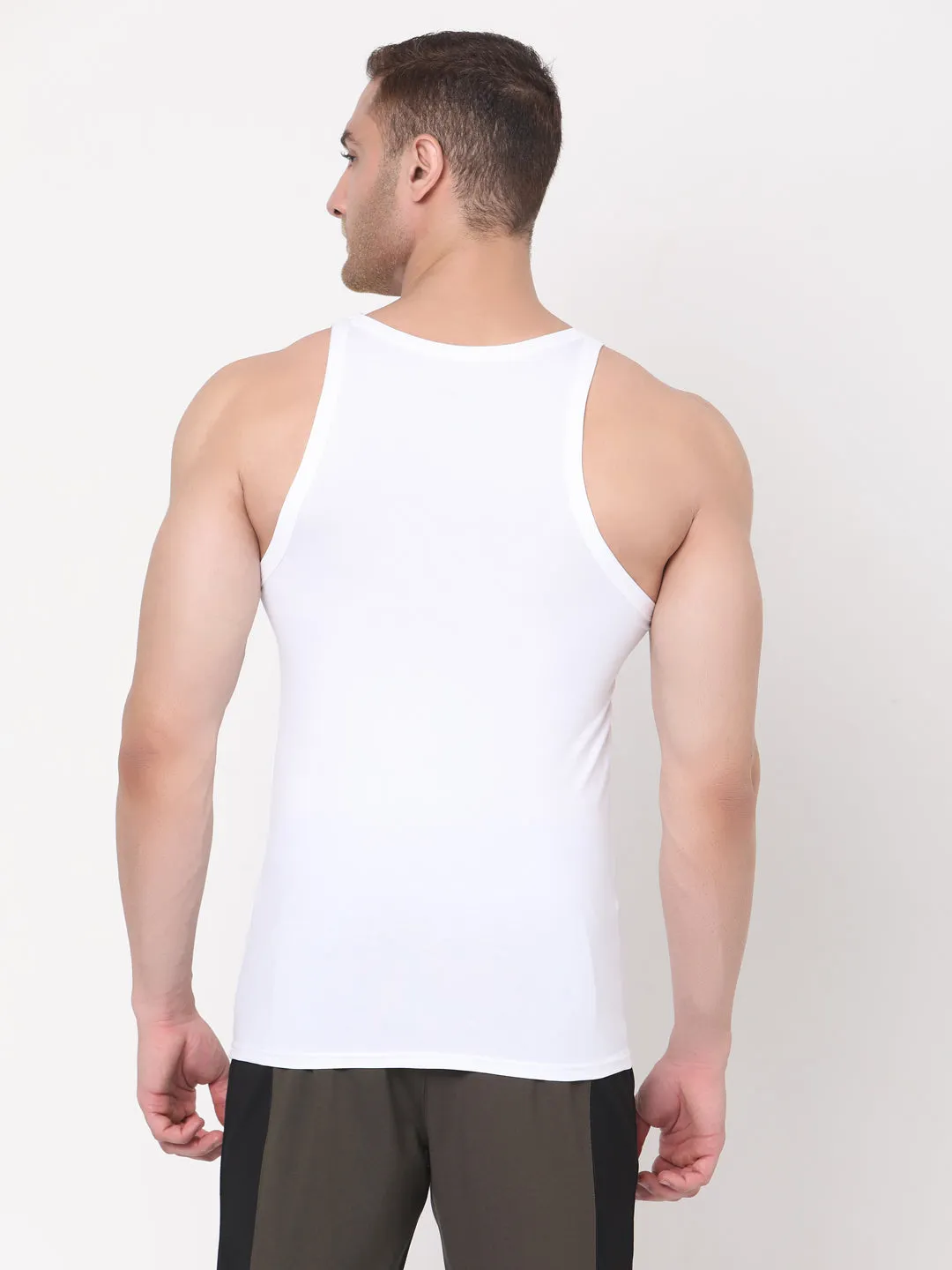 Men Premium White Square Neck Cotton Blend Vest- Underjeans By Spykar