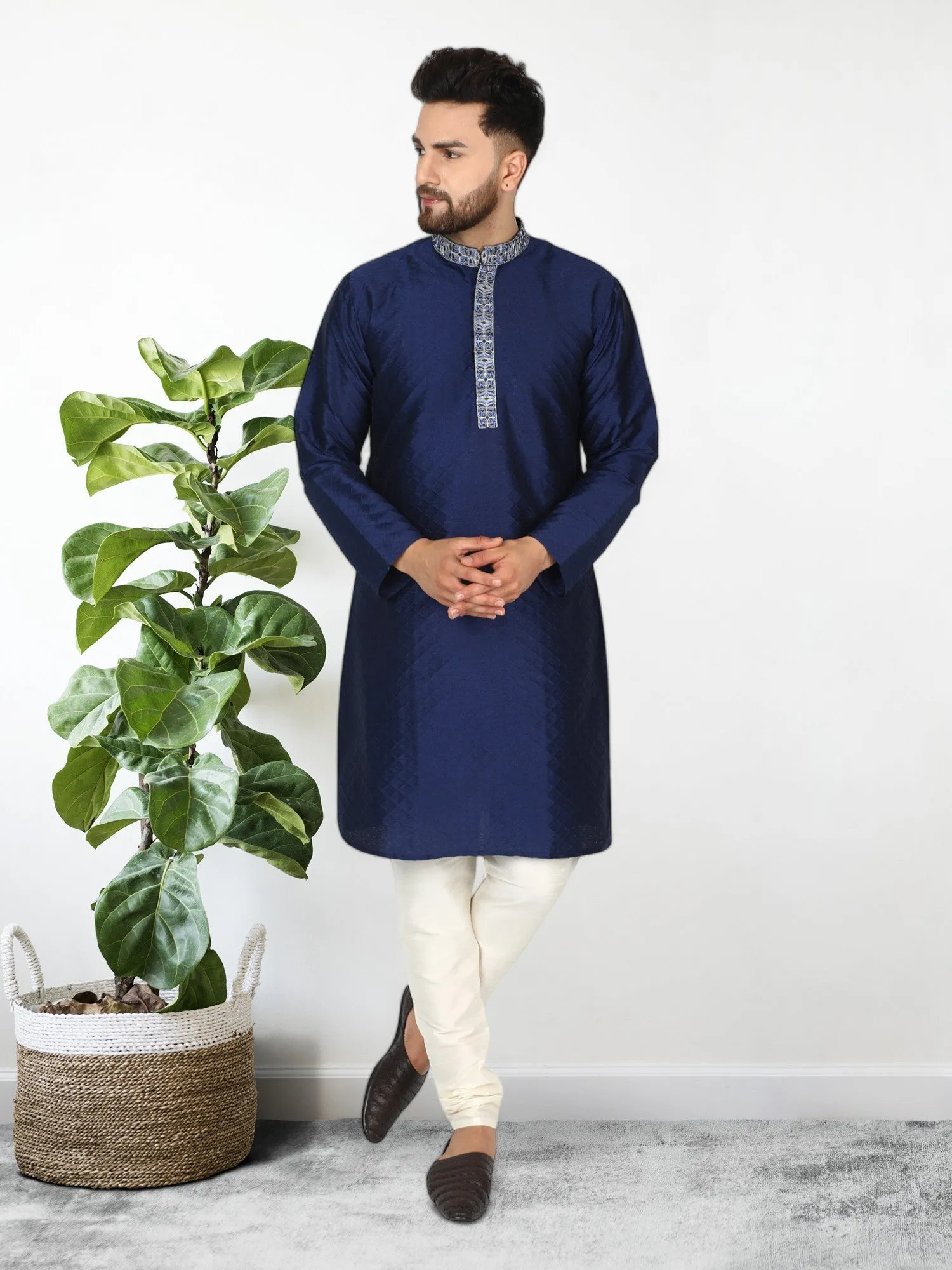 Men's Art Silk Kurta Pajama Indian Traditional Wedding Party Festive Season Dress Set Blue