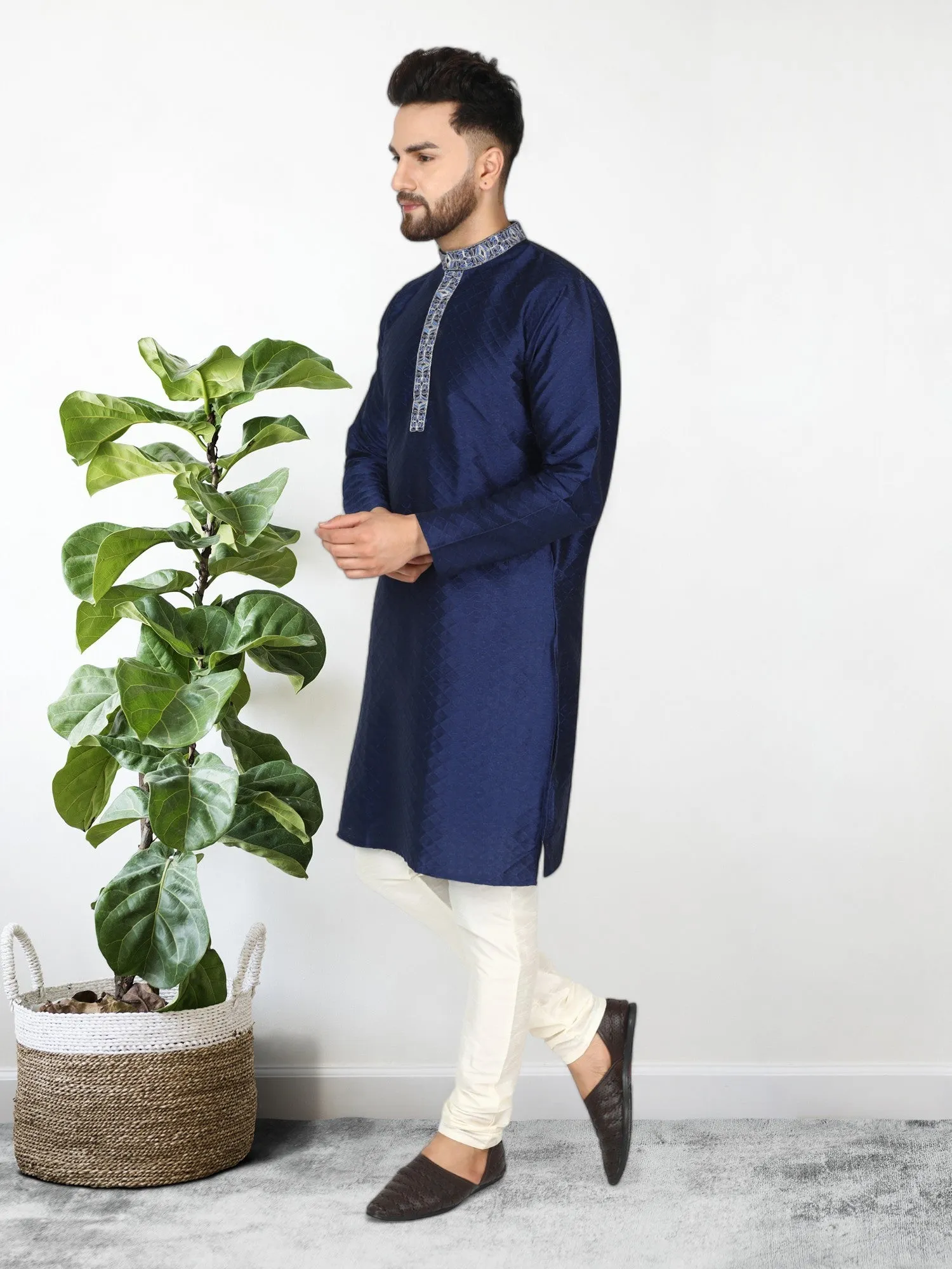 Men's Art Silk Kurta Pajama Indian Traditional Wedding Party Festive Season Dress Set Blue