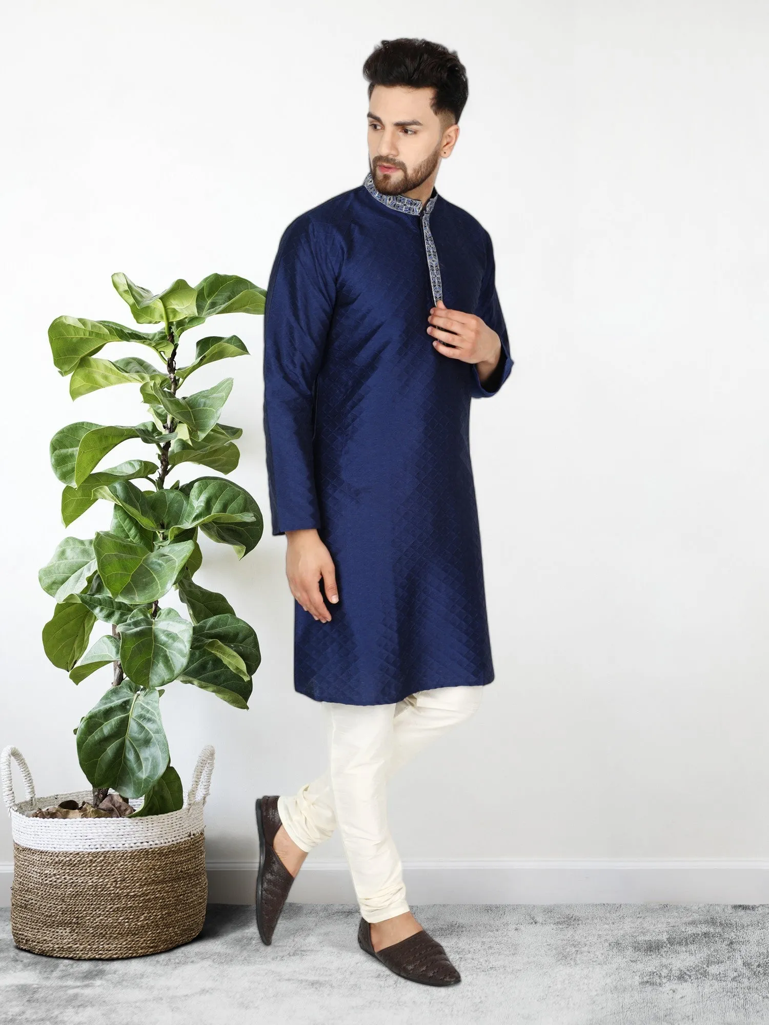 Men's Art Silk Kurta Pajama Indian Traditional Wedding Party Festive Season Dress Set Blue