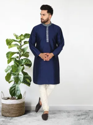 Men's Art Silk Kurta Pajama Indian Traditional Wedding Party Festive Season Dress Set Blue