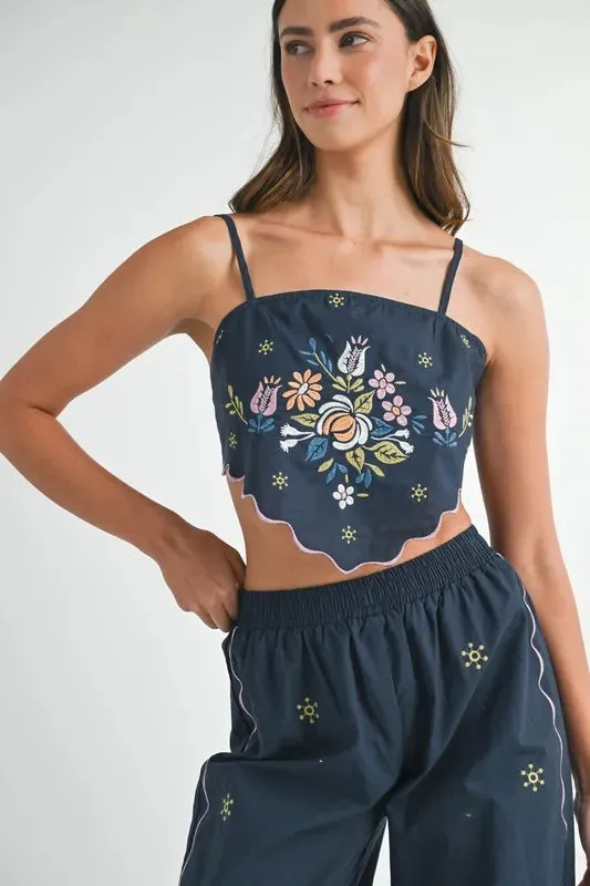Navy Embroidered Linen Scarf Top and Wide Leg Pants Set
