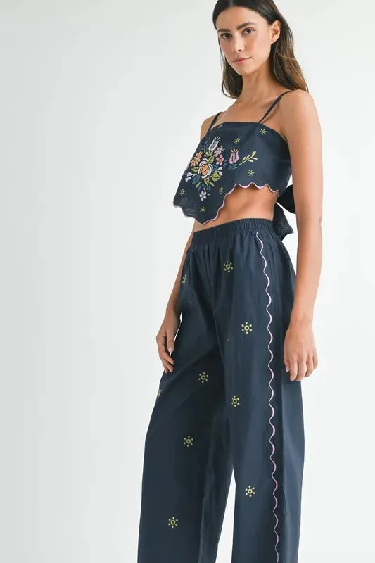 Navy Embroidered Linen Scarf Top and Wide Leg Pants Set