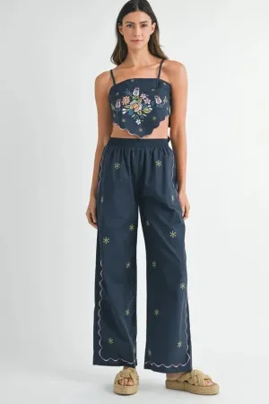 Navy Embroidered Linen Scarf Top and Wide Leg Pants Set