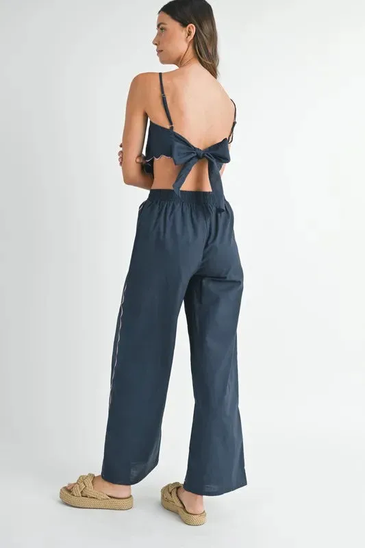 Navy Embroidered Linen Scarf Top and Wide Leg Pants Set