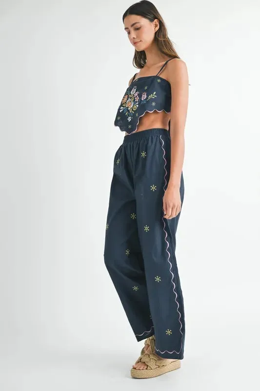 Navy Embroidered Linen Scarf Top and Wide Leg Pants Set