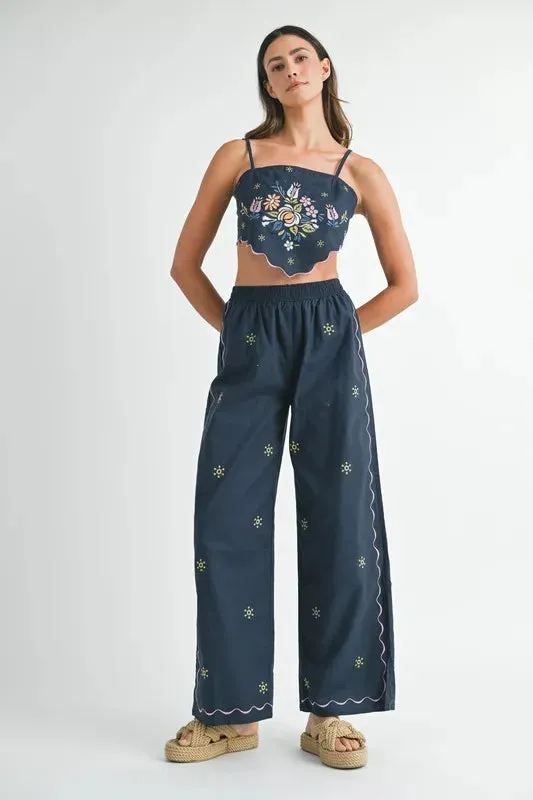Navy Embroidered Linen Scarf Top and Wide Leg Pants Set